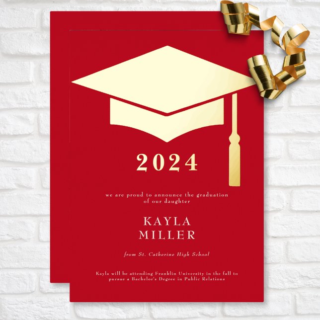 Ankündigung von Minimal Red & White Gold Cap Grad (Minimal Red & White Gold Cap Graduation Foil Invitation)