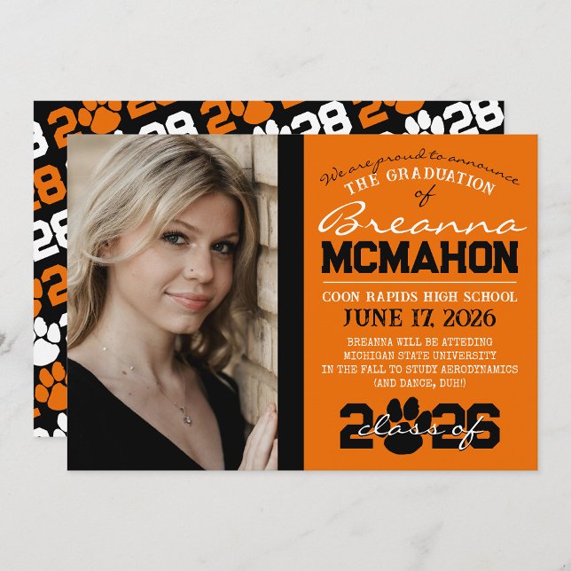 Ankündigung von Orange & Black Paw Print Abschluss (Repeating Class Year 1 & 2 Photo Graduation Invitations & Announcements (Paw Print Version))