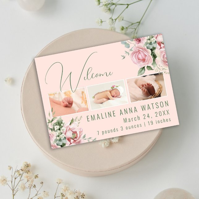 Ankündigung von Pink und Green Floral Foto Baby (Pink Floral Watercolor photo birth announcement for baby girl.)