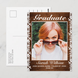 Ankündigung von Rustikal Wood & White Lace Abschlu Postkarte