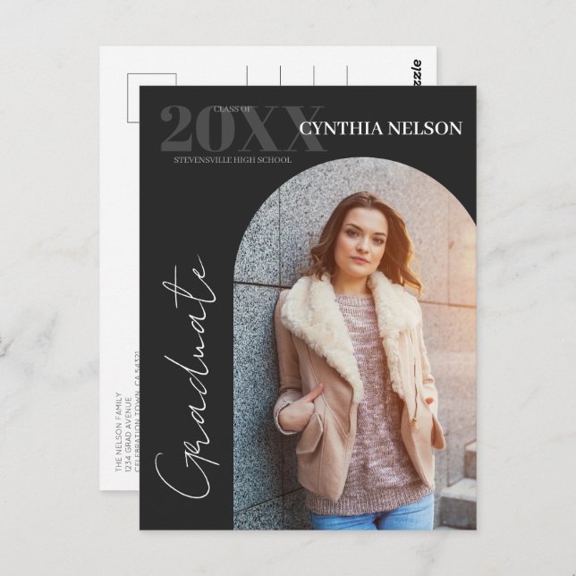 Ankündigung von Simple Arch Foto Black Abschluss Postkarte (Vorne/Hinten)