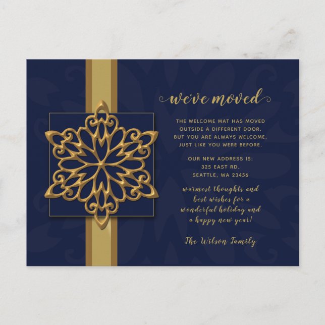 Ankündigung von Snowflakes Navy Gold Holiday Movin Postkarte (Vorderseite)
