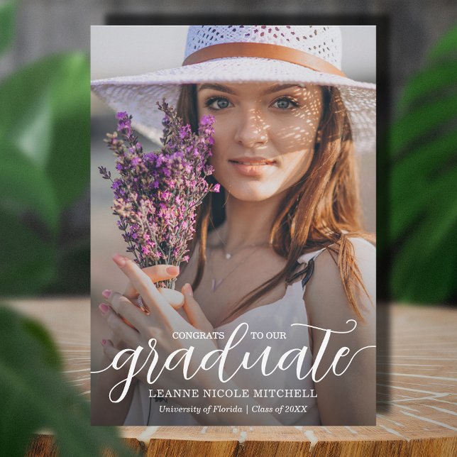 Ankündigung von trendy Script Overlay-Abschluss (Elegant white script on photo graduation announcements,  PRINTED and/or INSTANT DOWNLOAD)