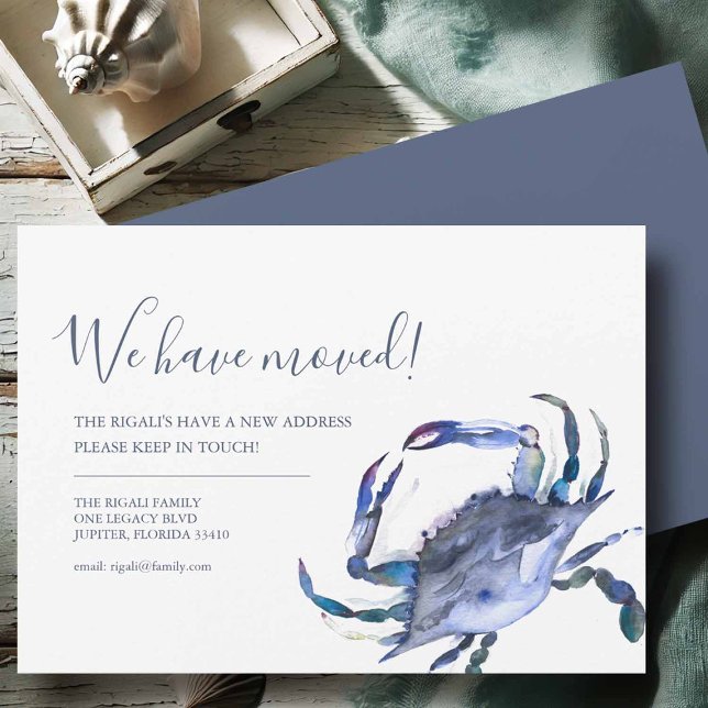 Ankündigung zur Änderung der Adresse Blue Crab Mov (Moving announcement cards blue crab art by Victoria Grigaliunas of Do Tell A Belle.)