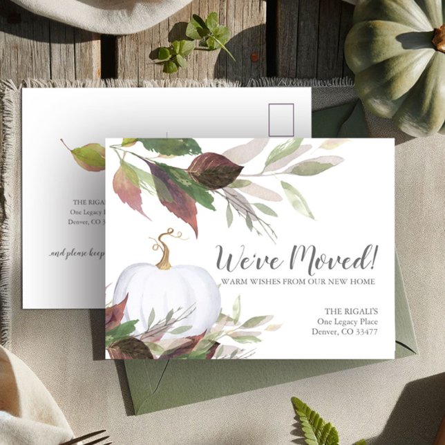 Ankündigung zur Änderung der Adresse Postkarte (Change of address postcard fall leaves and white pumpkin)