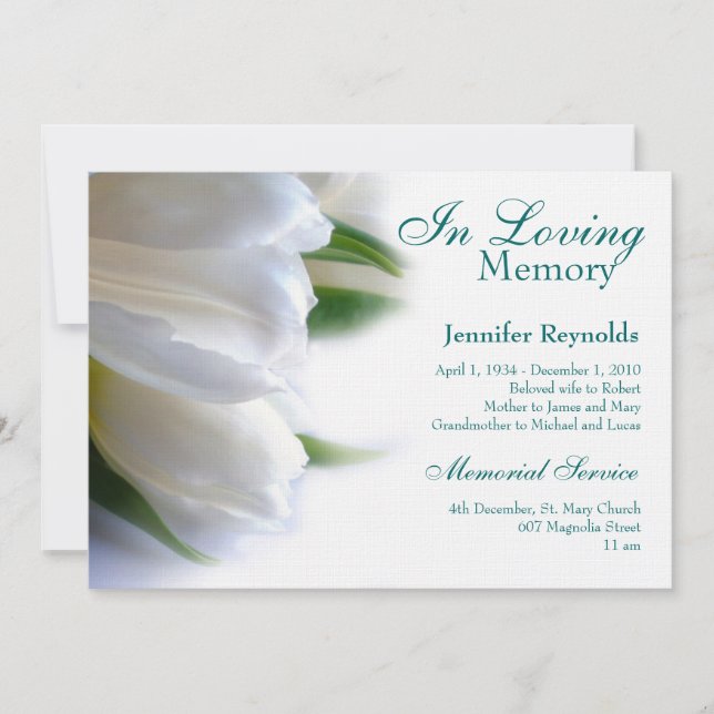 Ankündigung zur Beerdigung von Blumenweißdenkmäler (Vorderseite)