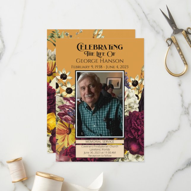 Ankündigung zur Beerdigung von Herbst-Florals (Vorderseite/Rückseite Beispiel)