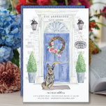 Ankündigung zur Beförderung von australischen Rind Postkarte<br><div class="desc">Mit unserer stilvollen Ankündigung kündigen Sie Ihre neue Adresse an: ein australischer Rinderhund,  eine blaue Haustür,  Begrüßungsmatte,  Schiefer-Schild,  Topiaries und ein blumengeschmücktes Set auf grauem Backstein.</div>