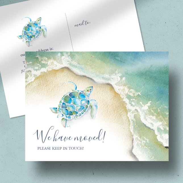 Ankündigung zur Bewegung der Küstenküste des tropi Postkarte (Change of address moving announcement watercolor sea turtle beach seashore art Victoria Grigaliunas)