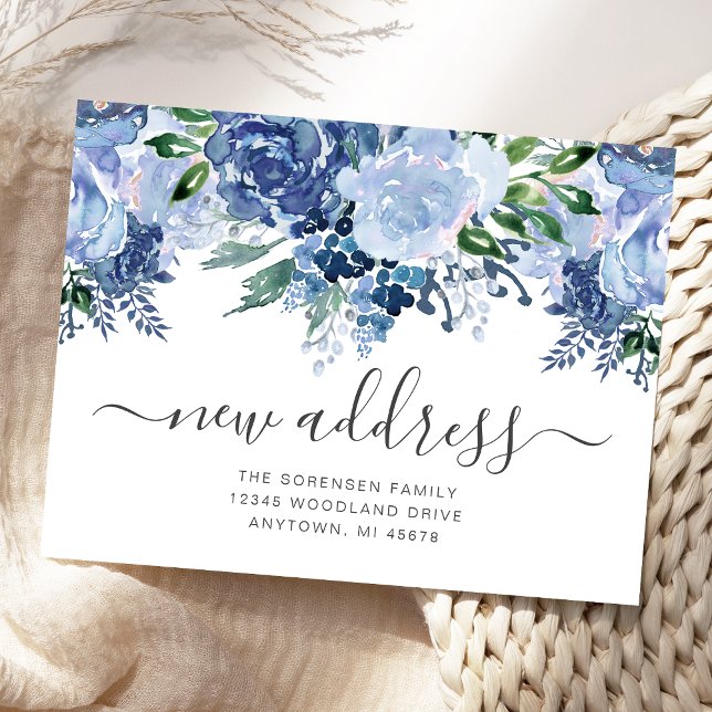 Ankündigung zur neuen Adresse Floral Dusty Blue Mo Postkarte (Von Creator hochgeladen)