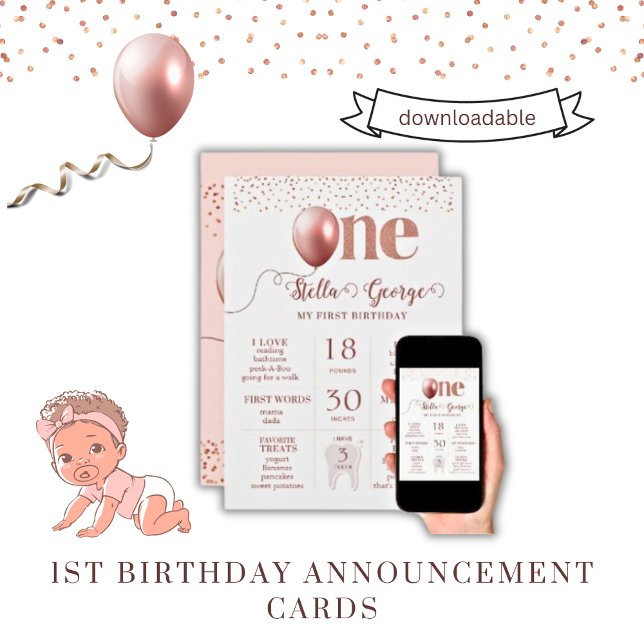 Ankündigungskarte für Mädchen zum ersten Geburtsta Einladung (1st birthday announcement cards)