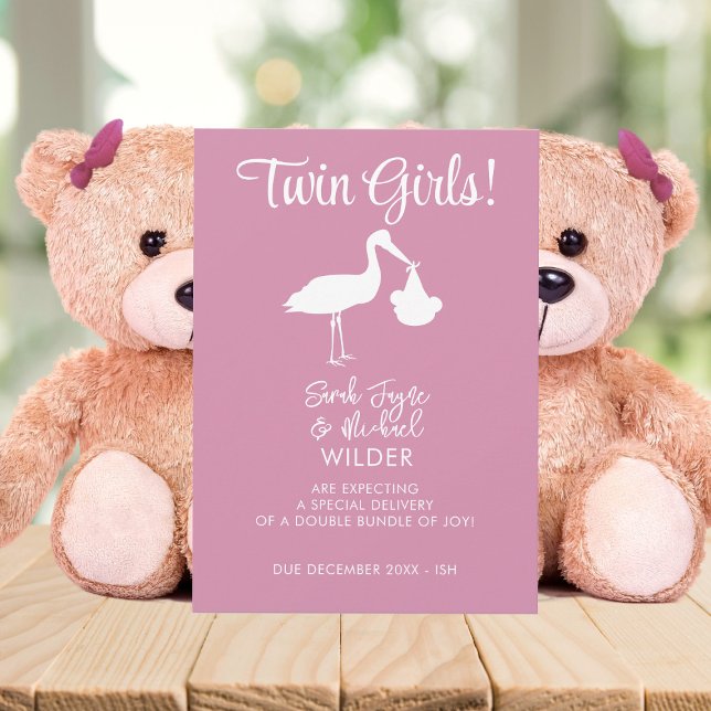 Ankündigungskarte für Twin Girls Pink Stork Pregna Ankündigung (Twin Girls! Share the wonderful and exciting news with this pink stork pregnancy announcement)