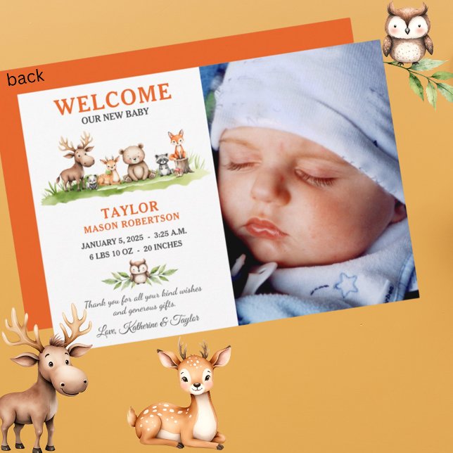 Ankündigungskarte für Woodland Animals Baby Boy Fo Einladung (Von Creator hochgeladen)