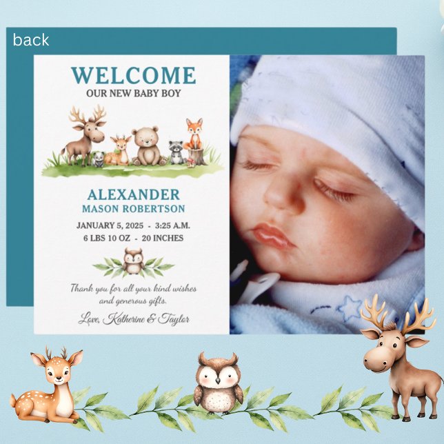 Ankündigungskarte für Woodland Animals Baby Boy Fo Einladung (Von Creator hochgeladen)
