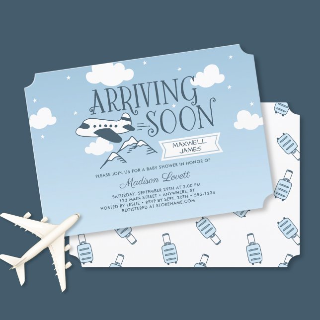 Ankunft bald Flugzeug Baby Dusche Einladung (Shown on a 5" x 7" card.  Ticket style.)