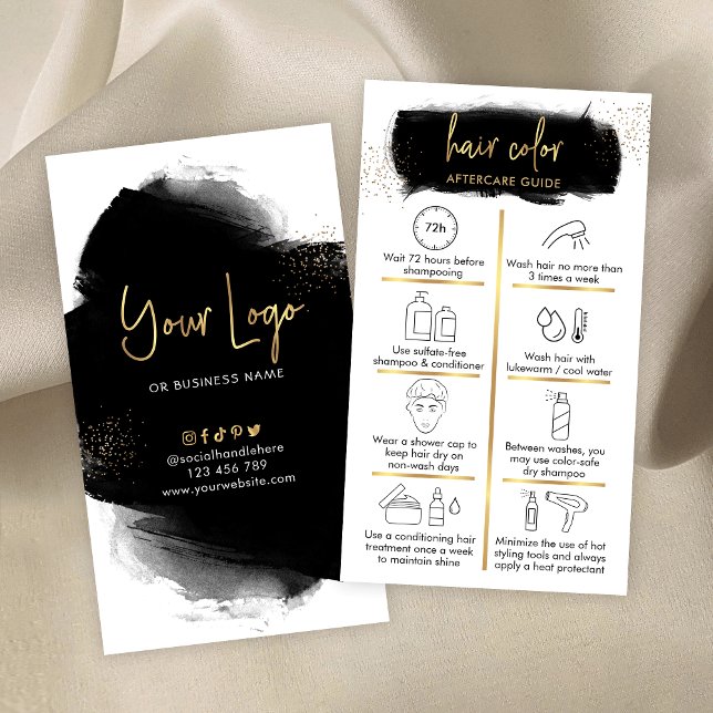 Anleitung für die Haarfarbe nach der Pflege Schwar Visitenkarte (Black watercolor and gold glitter hair color aftercare cards with hair care icons and space for logo)