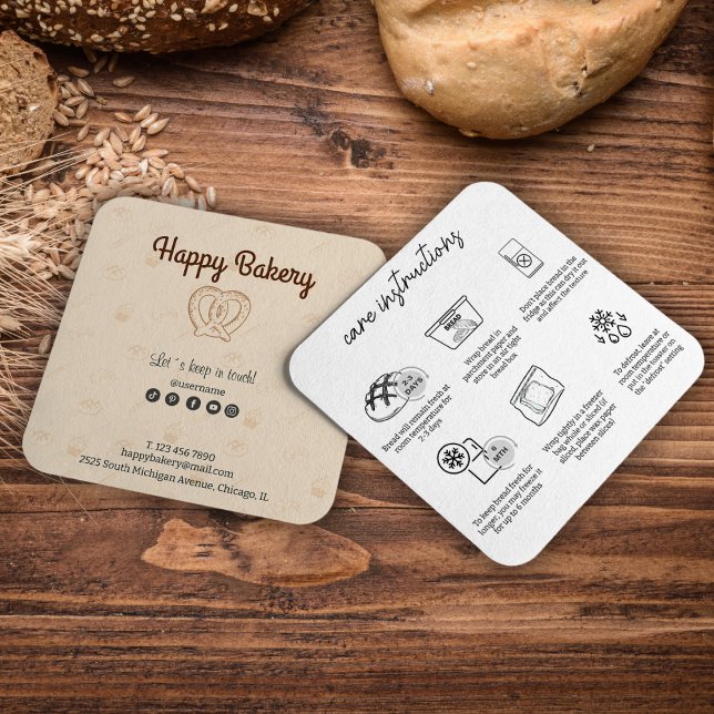 Anleitung für die Pflege von Rohstoffen Quadratische Visitenkarte (Sourdough Care Instructions Beige Bakery Icons Square Business Card)