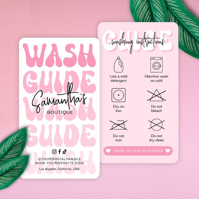 Anleitung für die Wäscherei in Retro-Rosa Visitenkarte (Retro pink clothing washing instructions cards with icons, discover more icons in the design editor )