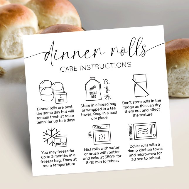 Anleitung zum Minimalistischen Abendbrot Rolls Car Quadratische Visitenkarte (Minimalist sourdough dinner rolls care instructions cards with care icons, stylish calligraphy font)