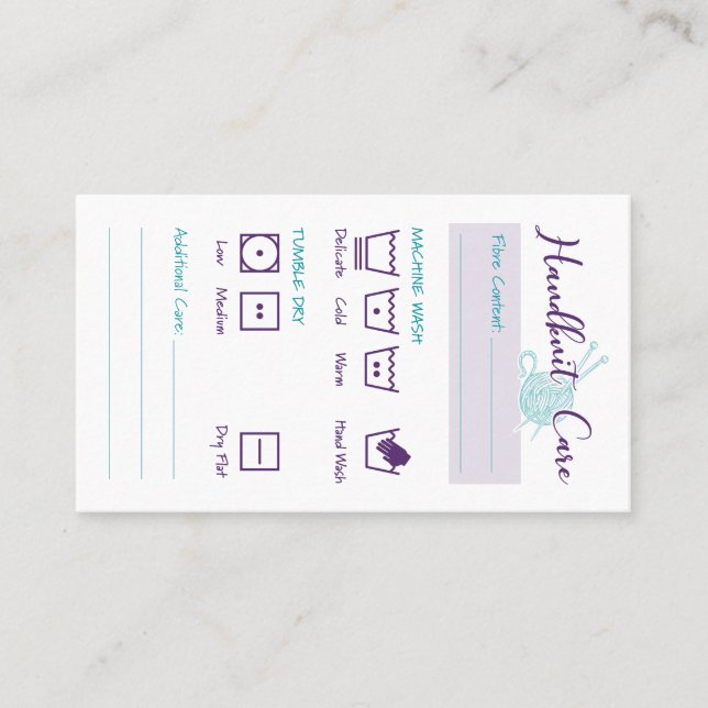 Anleitung zum Waschen der Hand-Strick-Care-Karte Visitenkarte (Vorderseite)