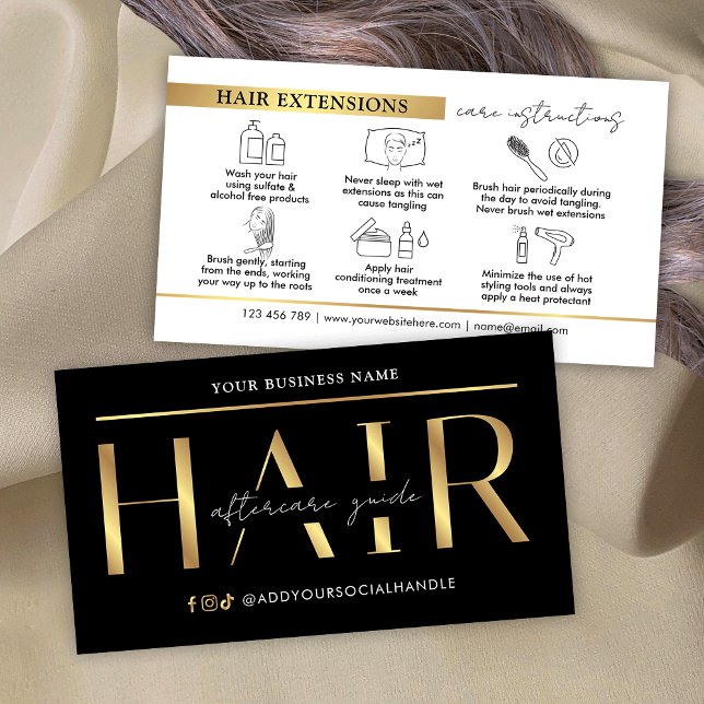Anleitung zur Pflege von Glam Black Gold Haarverlä Visitenkarte (Modern black and gold hair extensions aftercare cards with icons)