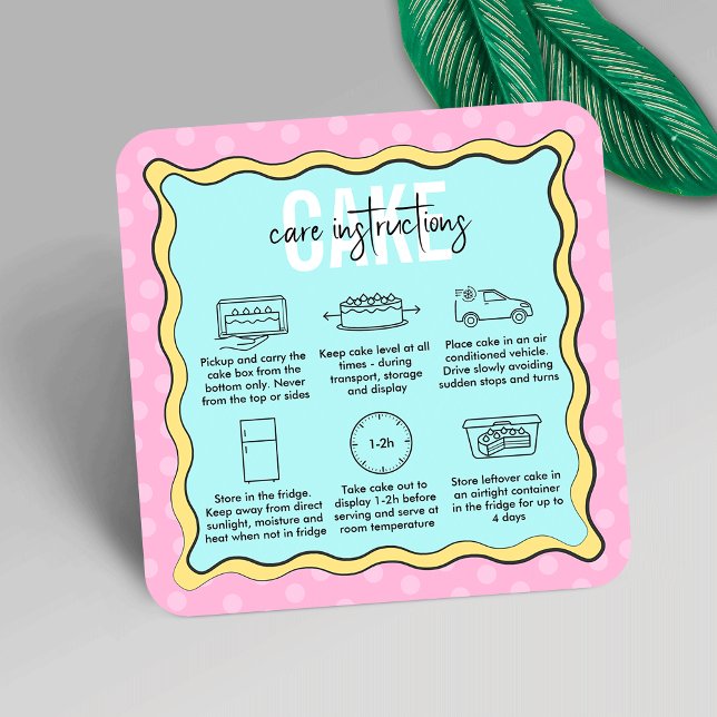 Anleitung zur Pflege von trendy Pink Blue Cartoon  Quadratische Visitenkarte (Trendy cake care instructions cards in cartoon cake inspired design, featuring care icons)