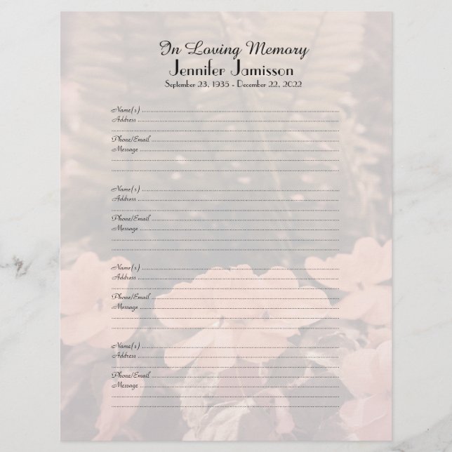 Anmeldeseite für das Memorial Book Filler Blume Fe (Vorderseite)