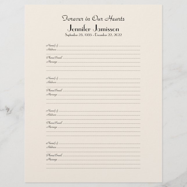 Anmeldung für das Memorial Book Filler Seite 4 Nam (Vorderseite)