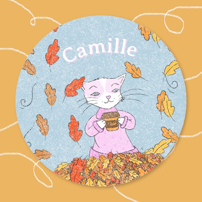 Anmutiger Katzen-Fall-Kind-Sticker mit Namen Runder Aufkleber (Cute kid personalized sticker . )