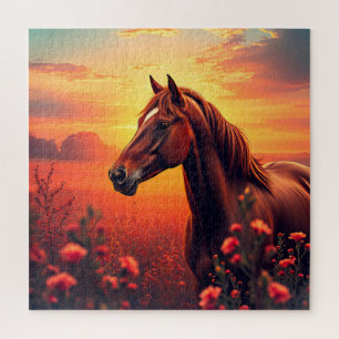 Anmutiges Pferd, das in einer lebendigen Wiese bei Puzzle