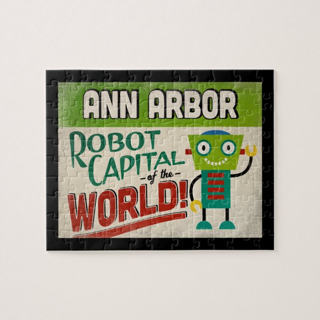 Ann Arbor Michigan Robot - Funny Vintag Puzzle (Horizontal)