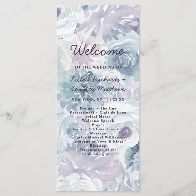 Annabelle Vintage Blaue Blumige Hochzeitszeremonie Programm (Vorderseite)
