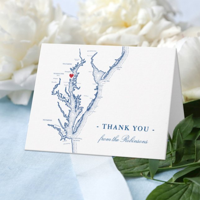 Annapolis Chesapeake Bay Map Hochzeit Personalisie Dankeskarte (Annapolis MD Personalized Wedding Thank You card with elegant navy blue Chesapeake Bay map)
