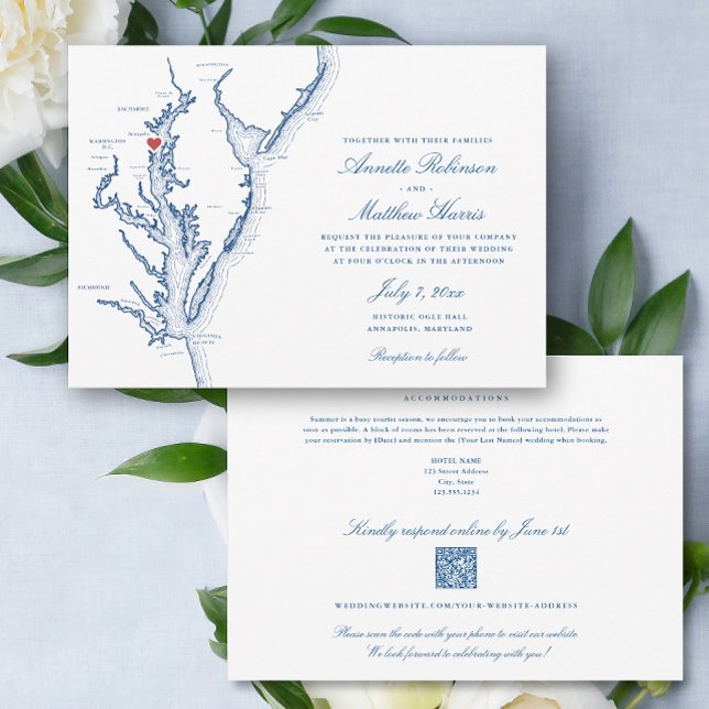 Annapolis Maryland all-in-one QR Code UAWG Wedding Einladung (Annapolis Maryland Elegant QR Code RSVP all-in-one wedding invitation with elegant navy blue map)