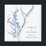 Annapolis Maryland Chesapeake Bay Map Wedding Magnet<br><div class="desc">Schnelle und einfache Bestellung! Diese Annapolis Maryland Kartenmagnete machen große Maryland Gastgeschenke Hochzeiten, die Sie in Ihre Annapolis Hochzeit in Urlaubsort Willkommenstaschen aufnehmen können. Bewegen Sie das Herz, indem Sie unter "Anpassen" auf "Bearbeiten mit dem Designwerkzeug" klicken. Dieses elegante Annapolis-Design mit einer Karte von Chesapeake Bay eignet sich ideal für...</div>