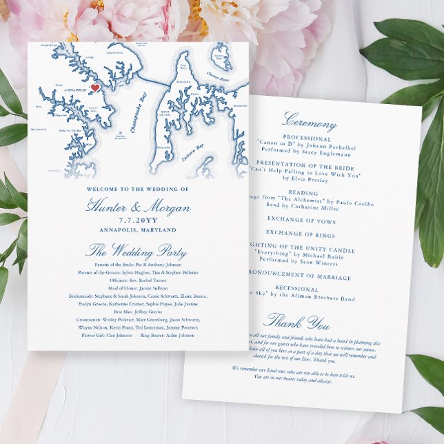 Annapolis Maryland Elegant Wedding Program Programm (Annapolis Maryland Wedding Program in elegant navy blue from Coastal Map Designs)