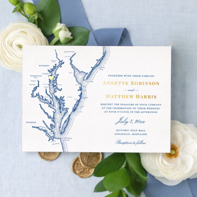 Annapolis Maryland Wedding Navy und Gold Folieneinladung (Von Creator hochgeladen)