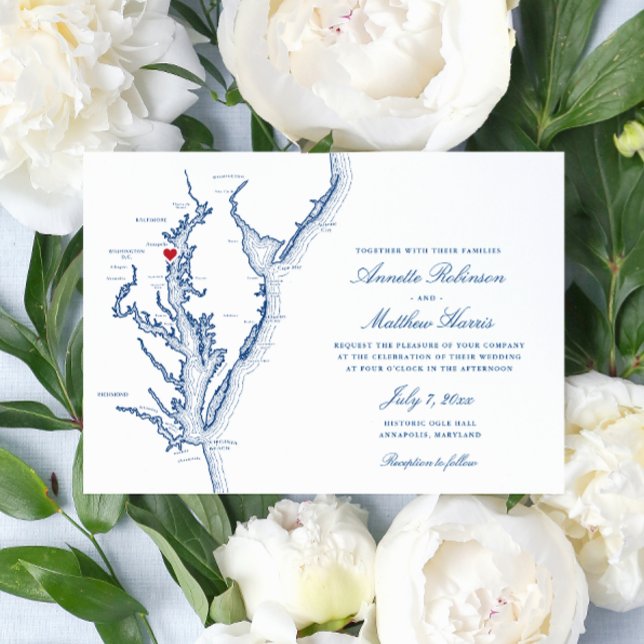Annapolis MD Chesapeake Bay Navy Blue Wedding Einladung (Annapolis Wedding Invitation with Elegant Navy Blue Chesapeake Bay map from Coastal Map Designs)