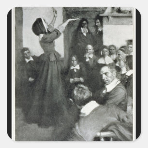 Anne Hutchinson Preaching in ihrem Haus in Boston Quadratischer Aufkleber