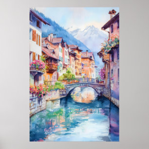 Annecy Aquarell Vintage Reiseposter Ski Poster