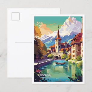 Annecy France Art Vintage Reise Illustration Postkarte