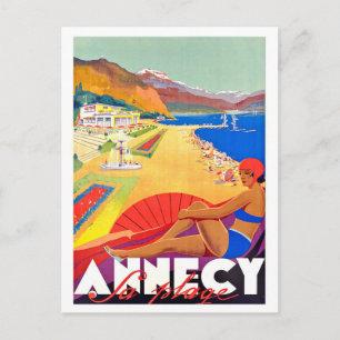 Annecy Küste, Mädchen am Strand, Vintage Postkarte