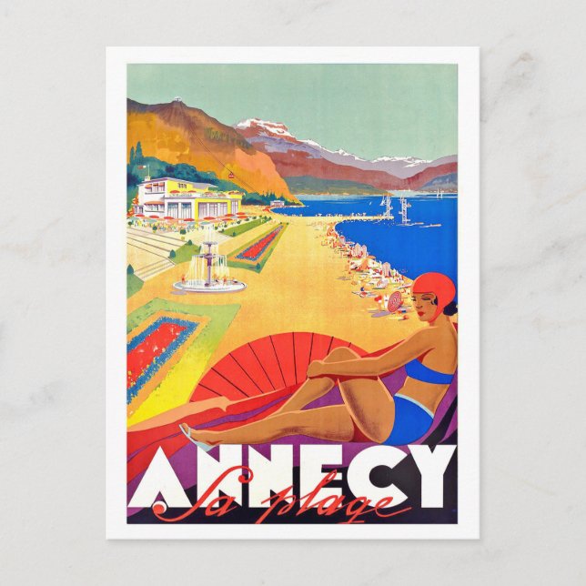 Annecy Küste, Mädchen am Strand, Vintage Postkarte (Vorderseite)