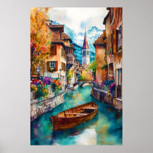 Annecy-Wasserfarbposter Nationaler Skigebiet-Reise Poster