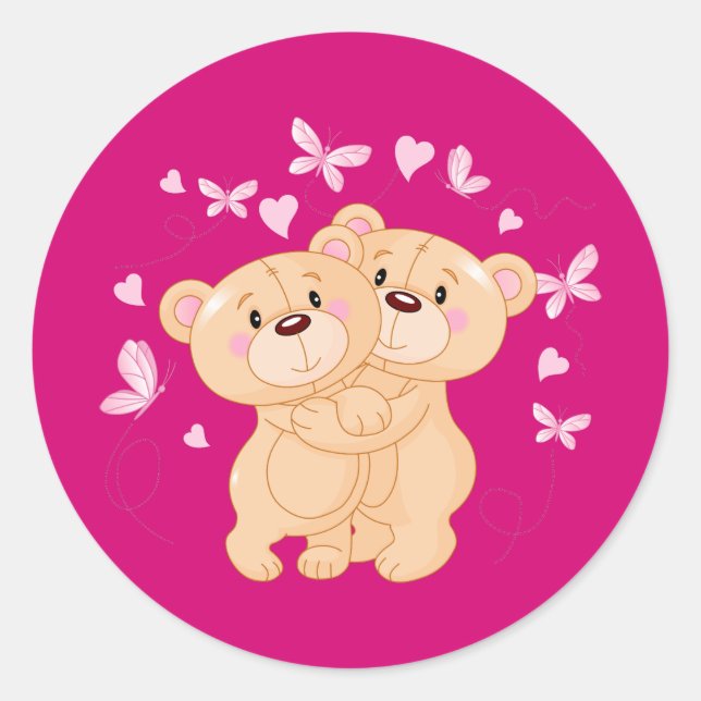 Annimated Valentine's Day Teddy Bears Runder Aufkleber (Vorderseite)
