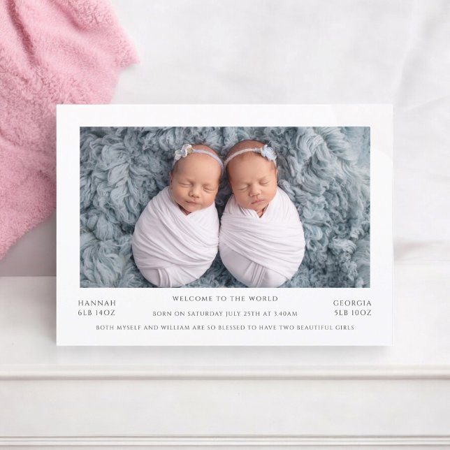 Announcement Card für Zwillingsbabys mit minimalem Ankündigung (twins,birth announcement,baby girls fully editable and downloadable)
