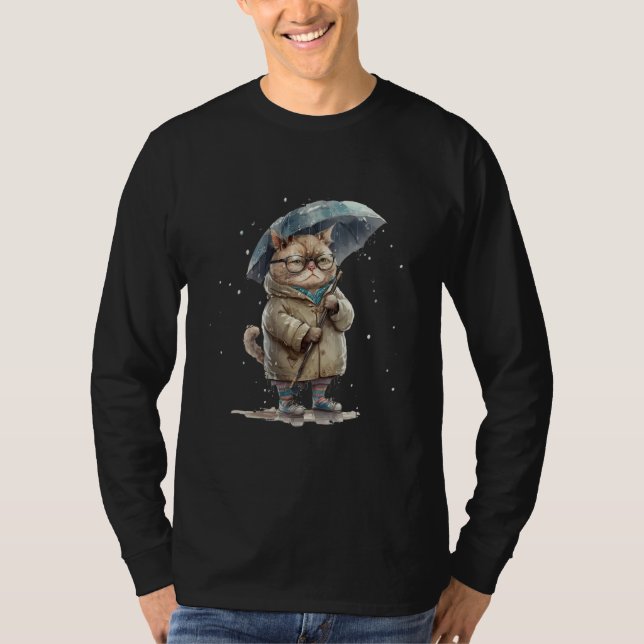 Annoyed cat sad cat with umbrella in the rain grap T-Shirt (Vorderseite)