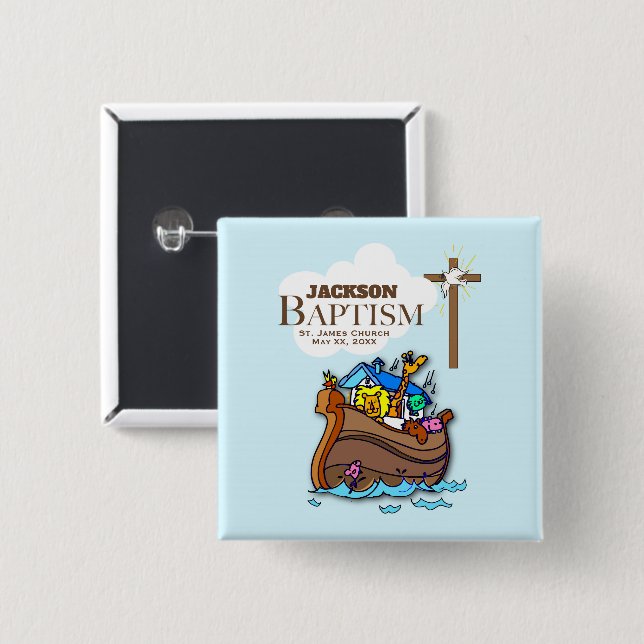 Anpassbar, Baby Boy Taufe Noah's Ark Button (Vorne & Hinten)