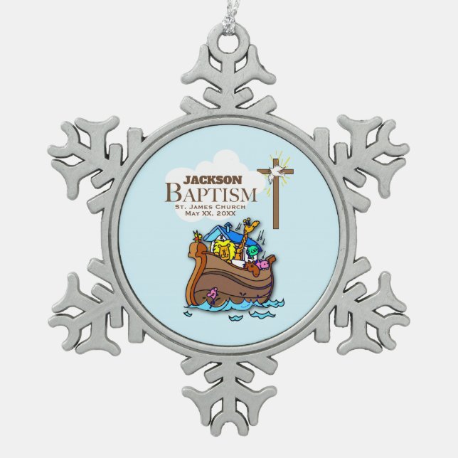 Anpassbar, Baby Boy Taufe Noah's Ark Schneeflocken Zinn-Ornament (Vorderseite)
