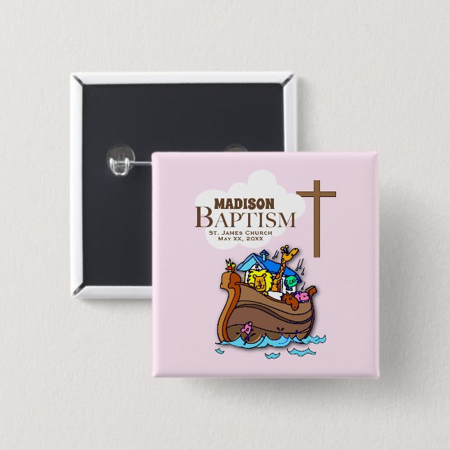 Anpassbar, Baby Girl Baptism Noah's Ark Button (Vorne & Hinten)